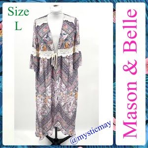 MASON & BELLE Purple Multicolor w Crochet Lace Tied Chiffon Kimono Duster Size L